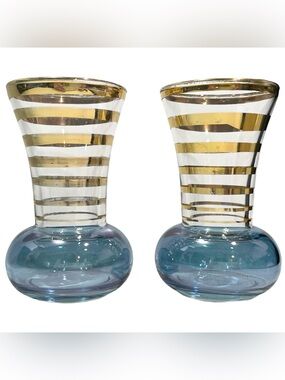 Vintage 1940s Bartlett Collins Mini Bud Vase Set - Art Deco Iridescent Blue